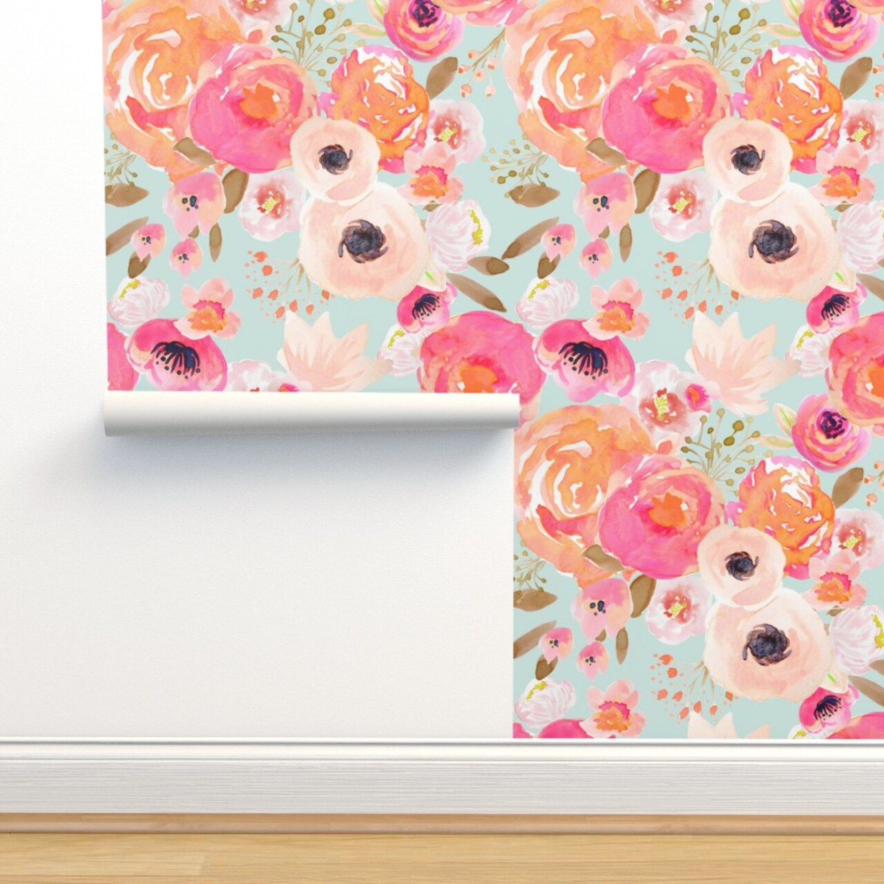 Bloom Blush Florals Blue Flower Floral Spring Nursery Easter Summer Shabby Chic Decor Custom Removable Wallpaper by Spoonflower Peel & Stick Wallpaper 2FT Wide